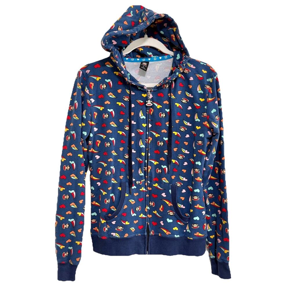 Paul Frank Y2K 2000s Zip Up Hoodie Sweatshirt Juniors Large Blue Colorful Hearts